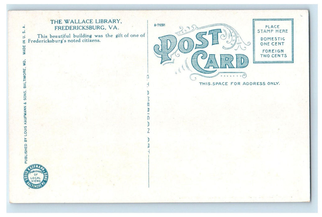 1922 The Wallace Library, Fredericksburg Virginia VA Antique Postcard