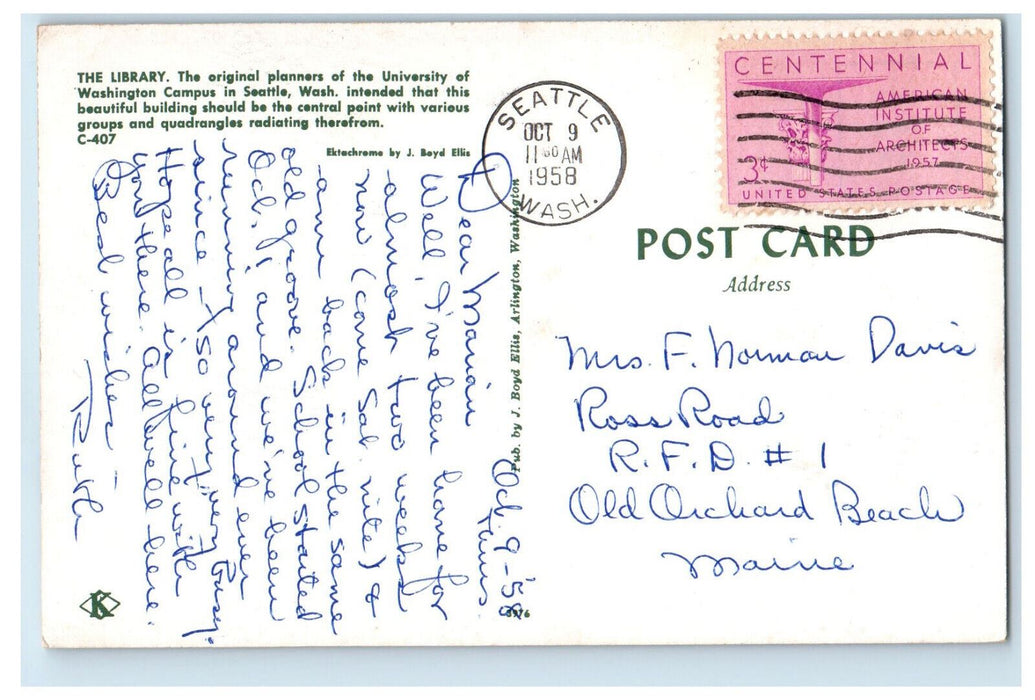 1958 The Library, University of Washington Campus, Seattle WA Vintage Postcard