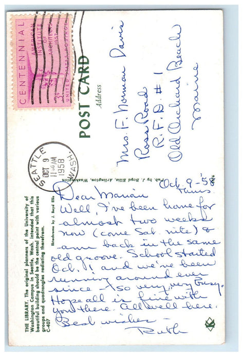 1958 The Library, University of Washington Campus, Seattle WA Vintage Postcard