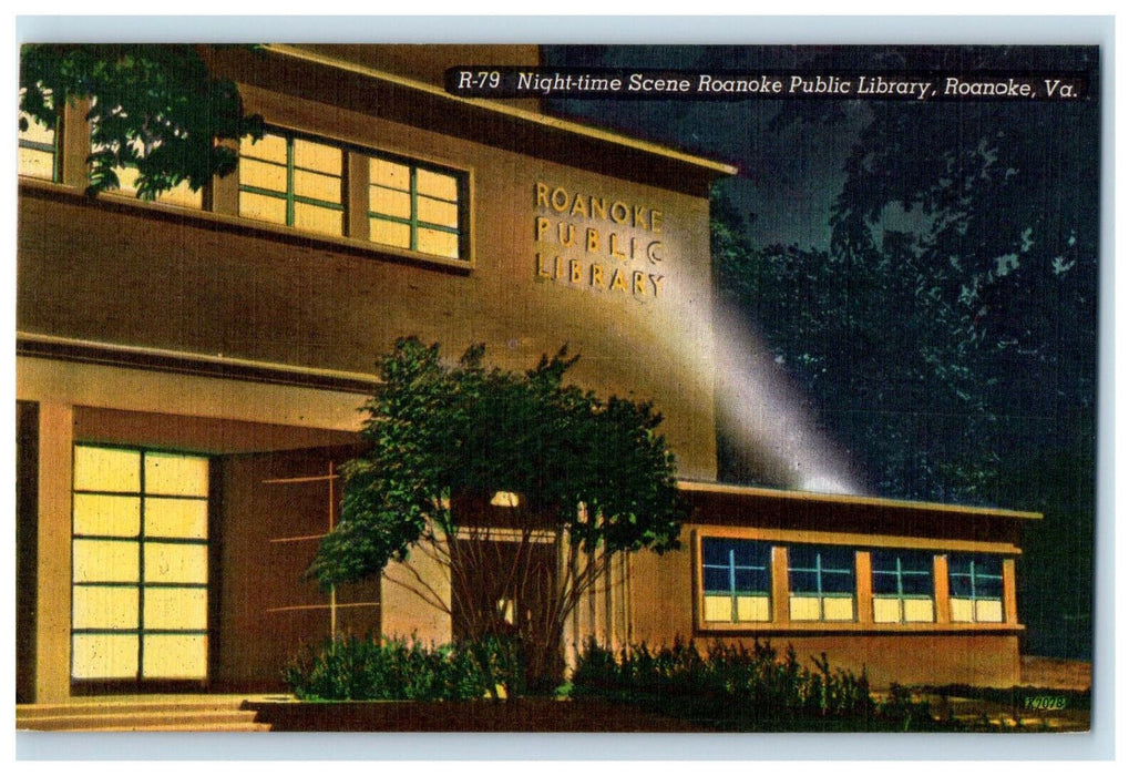 c1930's Night Time Scene Roanoke Public Library Roanoke VA Vintage Postcard