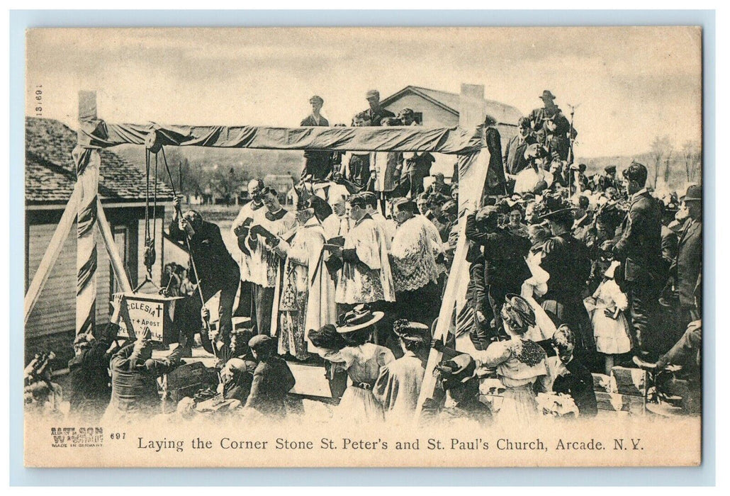 1909 Laying The Corner Stone St. Peter's & S. Paul's Church Arcade NY Postcard