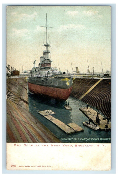 c1905 Dry Dock At The Navy Yard Boat Ship Brooklyn New York NY Antique Postcard