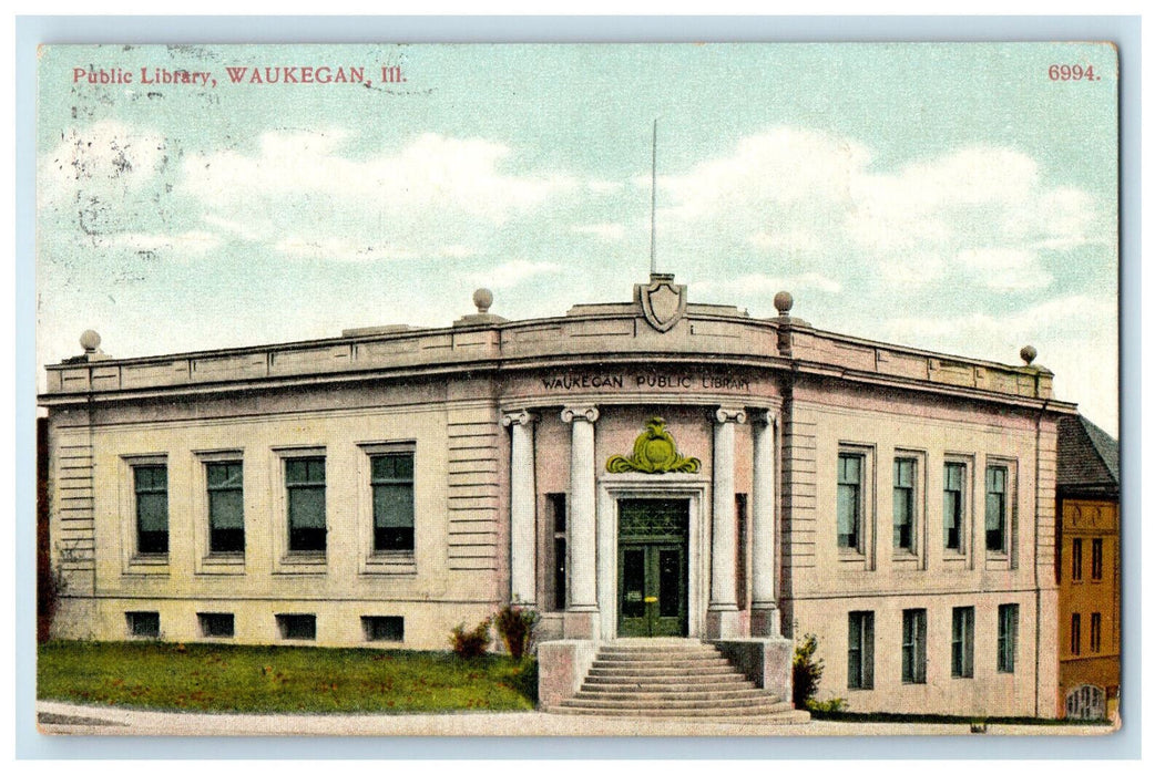 1908 Public Library Waukegan Illinois IL Jefferson Ohio Posted Postcard