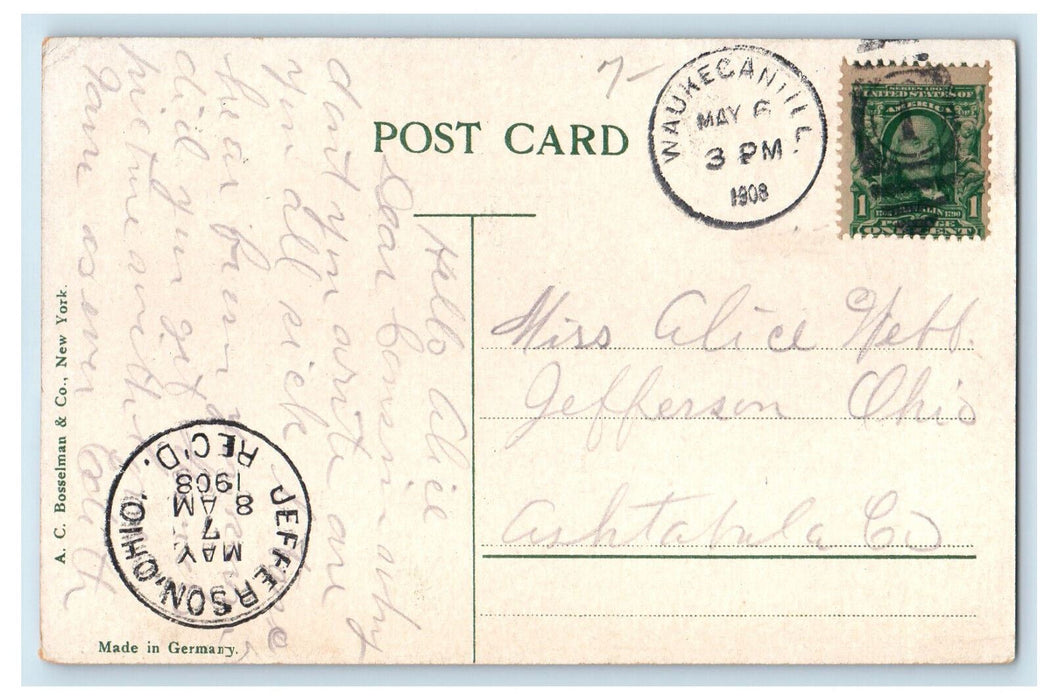 1908 Public Library Waukegan Illinois IL Jefferson Ohio Posted Postcard