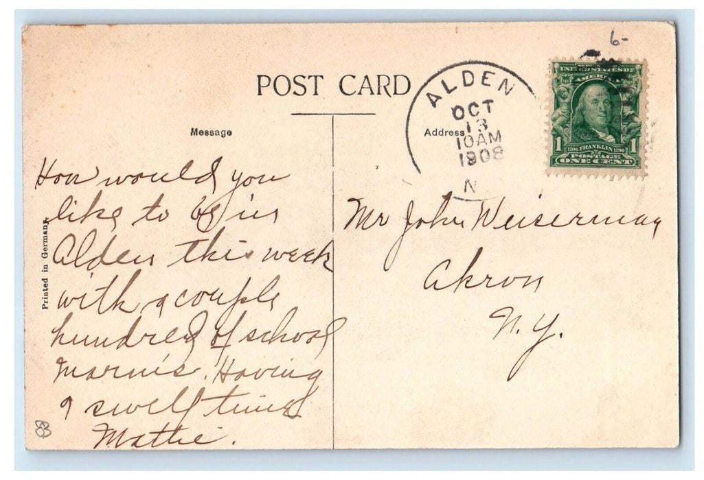 1908 Alden High School Building Alden New York NY Posted Antique Postcard
