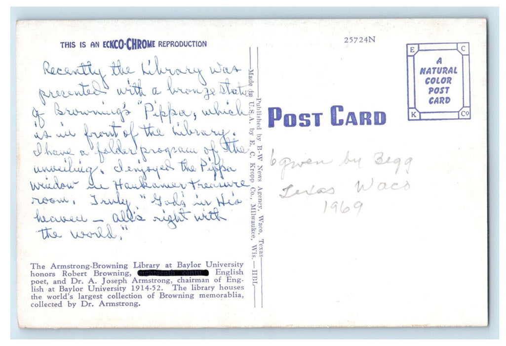 1969 Armstrong Browning Library Waco Texas TX Vintage Posted Postcard