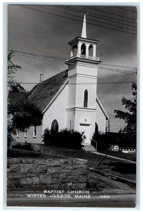 c1950's Baptist Church Bell Tower Winter Harbor Maine ME RPPC Photo Postcard