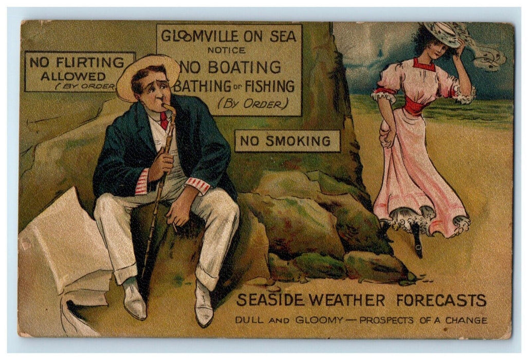 1914 Gloomville No Flirting Beach Woman No Smoking Humor Blackinton MA Postcard