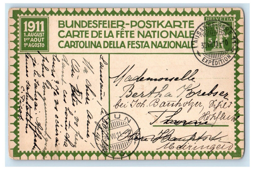 1911 Switzerland Bundesfeier Anstalt J.E. Wolfensberger Zurich Dunki Postcard