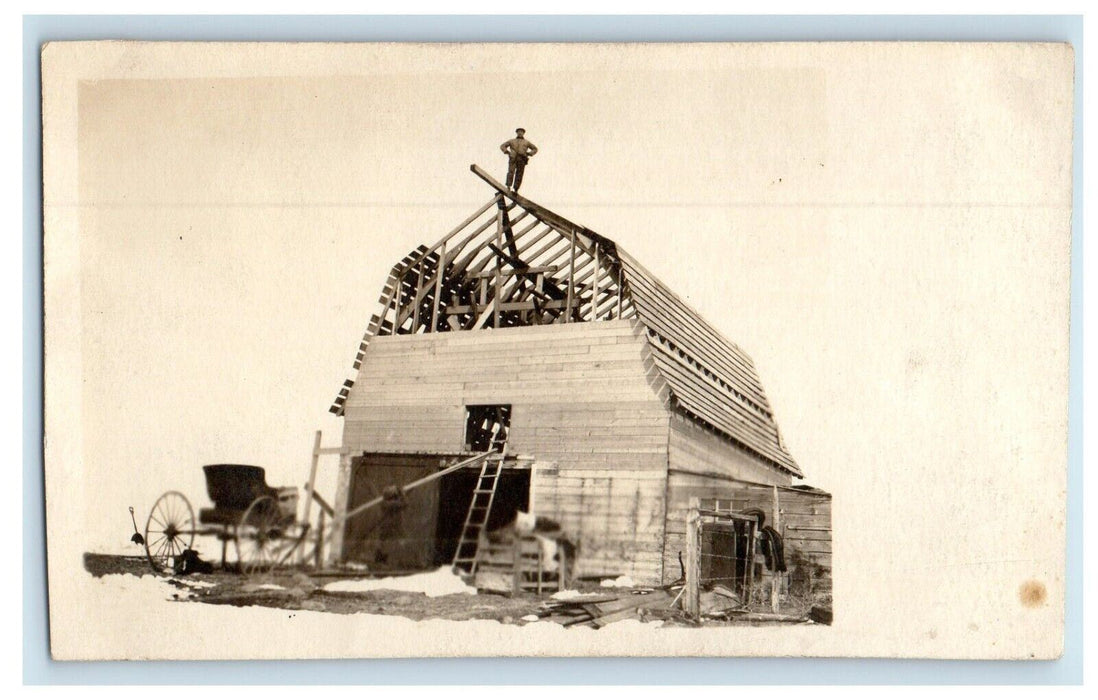 c1910 Barn Raising Construction Wagon Canada Lumber Photo RPPC Postcard