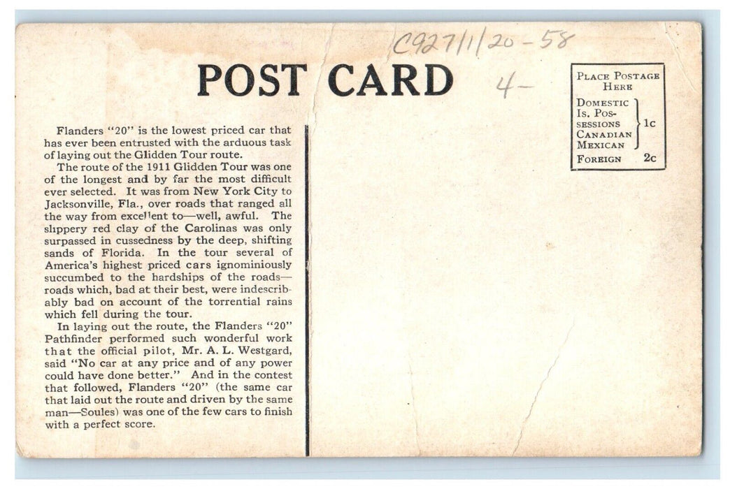 c1920's Flanders "20" Car Auto Glidden Pathfinder Advertising Unposted Postcard