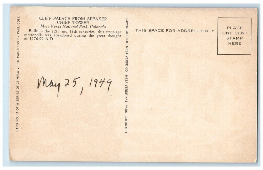 c1948 Cliff Palace Speaker Chief Tower Paul Coze Mesa Verde Colorado CO Postcard