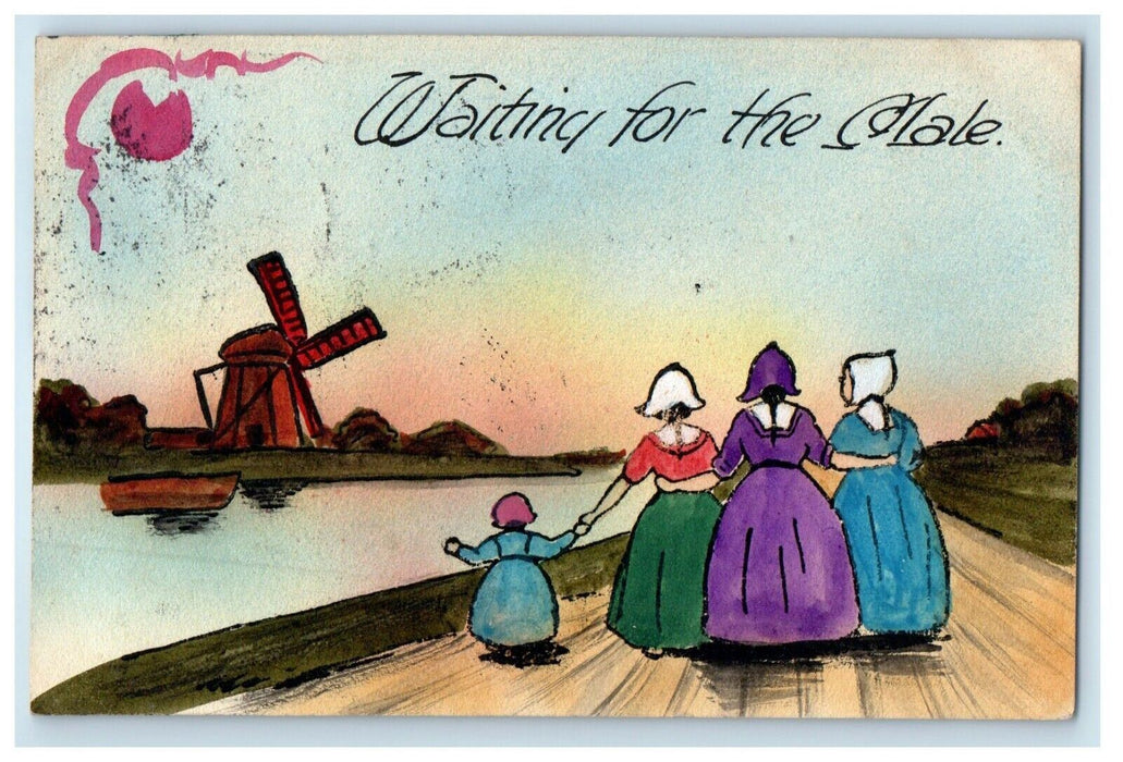 1909 Hand Painted Art Waiting for "Male" Dutch Women Windmill Child Postcard