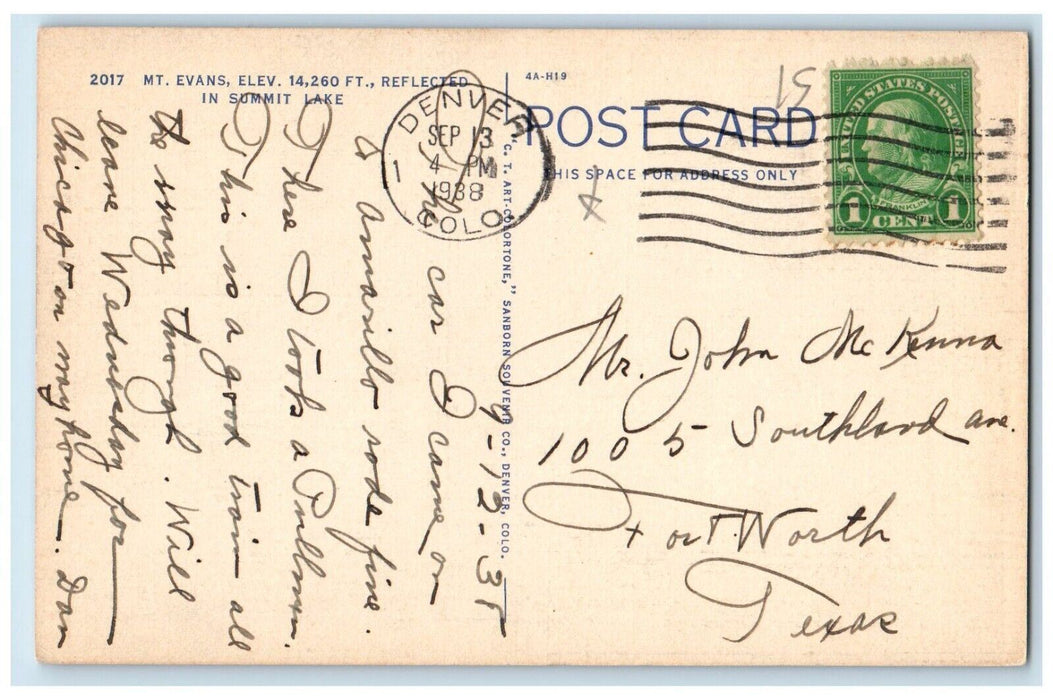 c1938 Mount Evans Elev Reflected Summit Lake Denver Colorado CO Posted Postcard