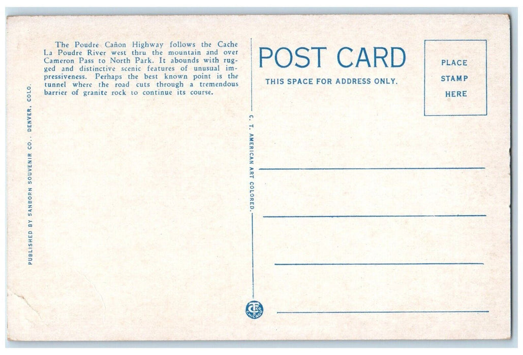 c1920's Tunnel Poudre Canon Highway Cache La Poudre River Colorado CO Postcard