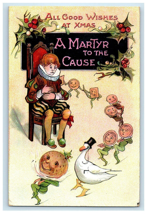 1909 Fantasy Christmas Dancing Anthropomorphic Moon Duck Pies King Postcard