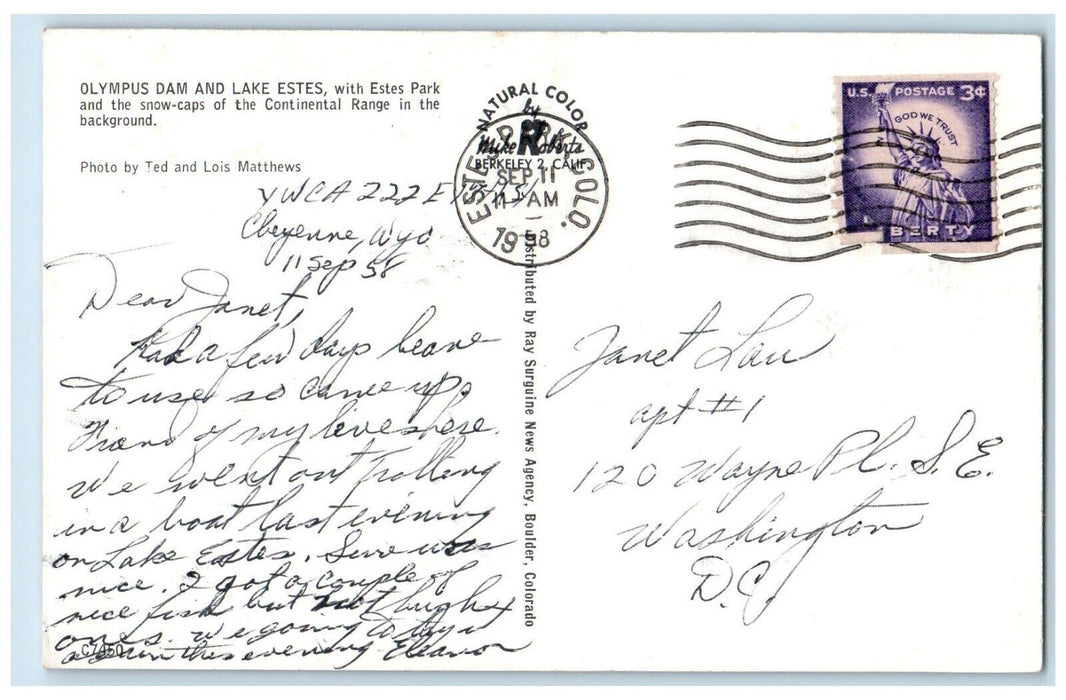 c1958 Olympus Dam Lake Estes Continental Range Estes Park Colorado CO Postcard