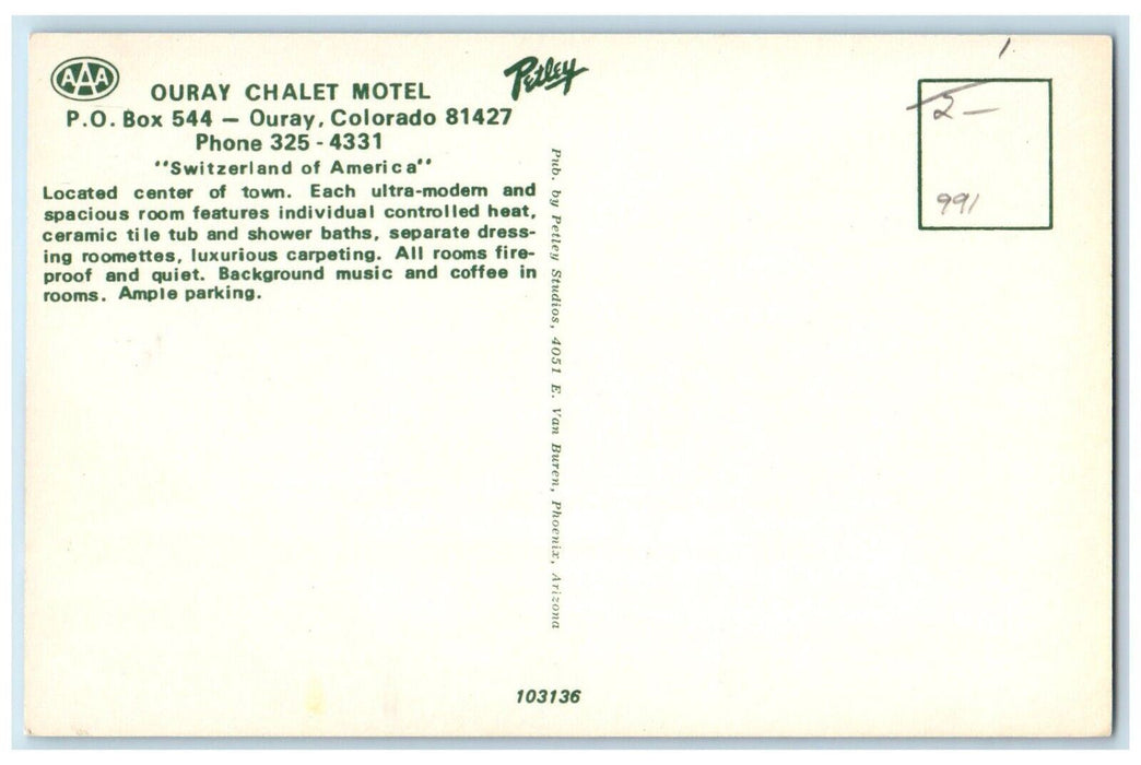C1960's Ouray Chalet Motel Parking  Switzerland America Ouray Colorado Postcard