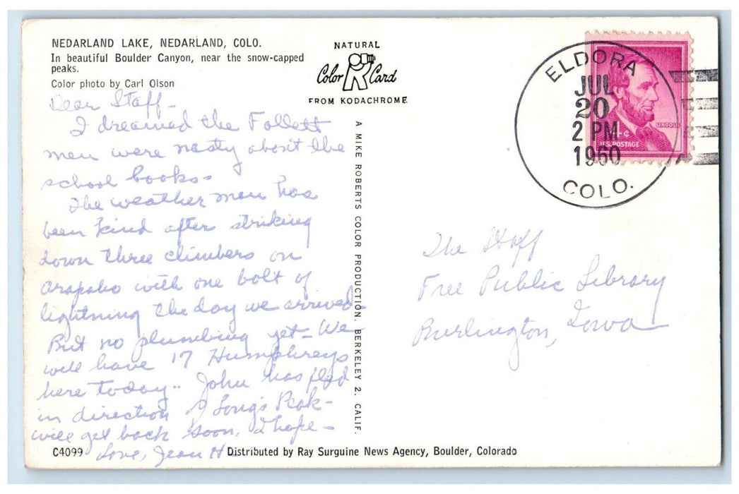c1960 Nedarland Lake Boulder Canyon Snow Peaks Nedarland Colorado CO Postcard