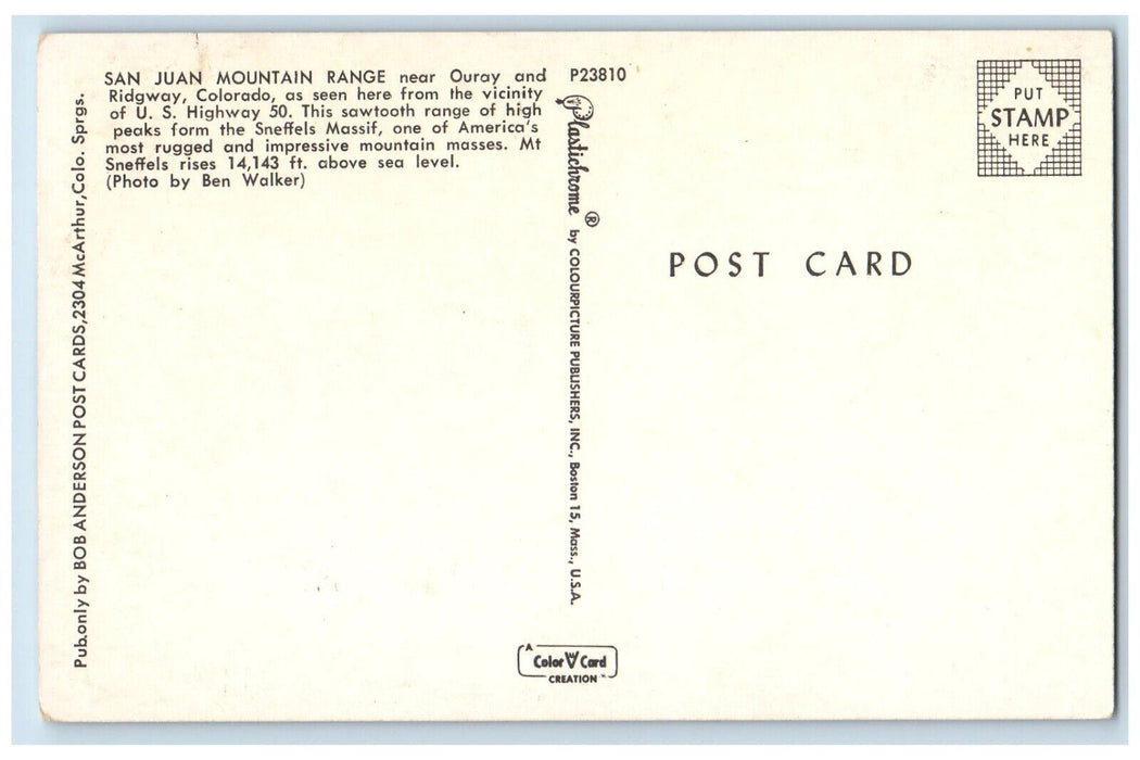 c1960's San Juan Mountain Range Sawtooth Peak Ouray Ridgway Colorado CO Postcard