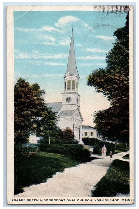1928 Village Green & Congregational Church York Village ME Posted Postcard