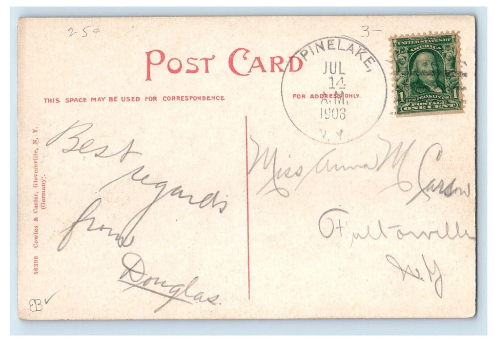 1908 A View of Caroga Lake Canoe Boat Pinelake New York NY Antique Postcard