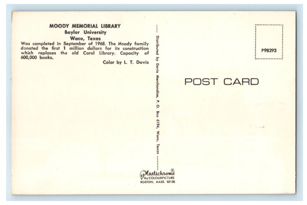 c1960's Moody Memorial Library Baylor University Waco Texas TX Postcard