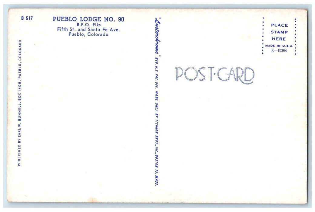 c1960's Pueblo Lodge No 90 BPO Elks Fifth Santa Fe Ave Pueblo Colorado Postcard