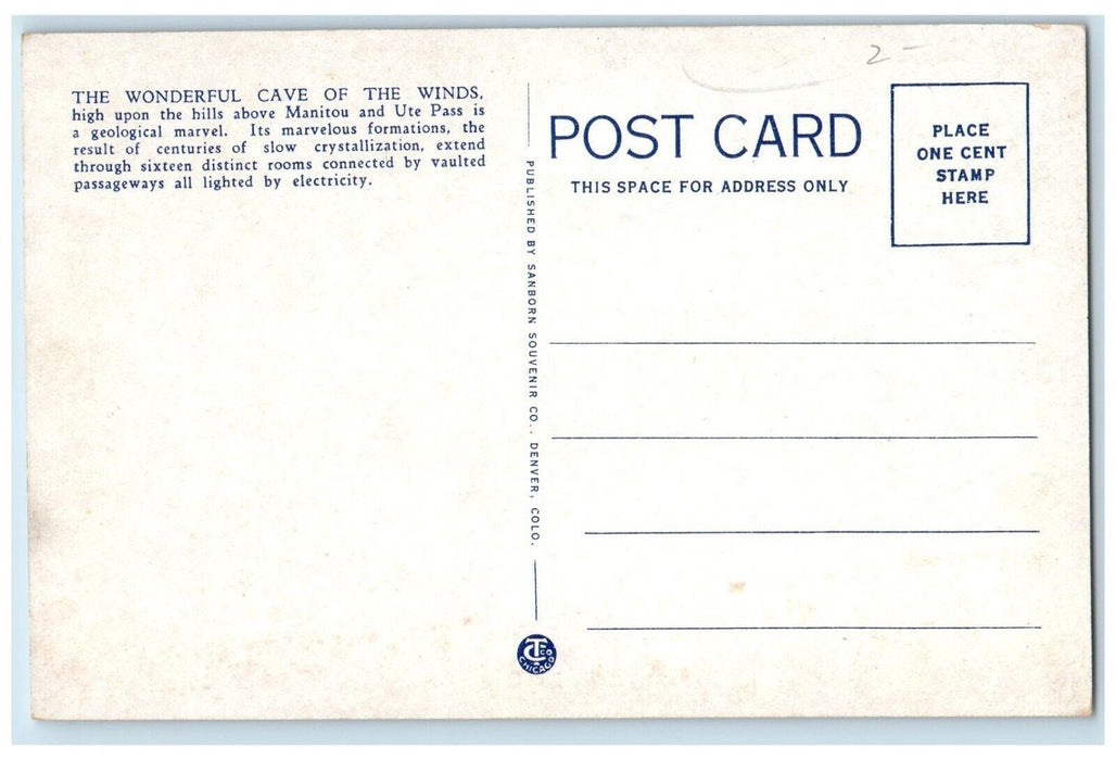 c1920's Entrance Wonderful Cave Winds Hills Ute Pass Manitou Colorado Postcard