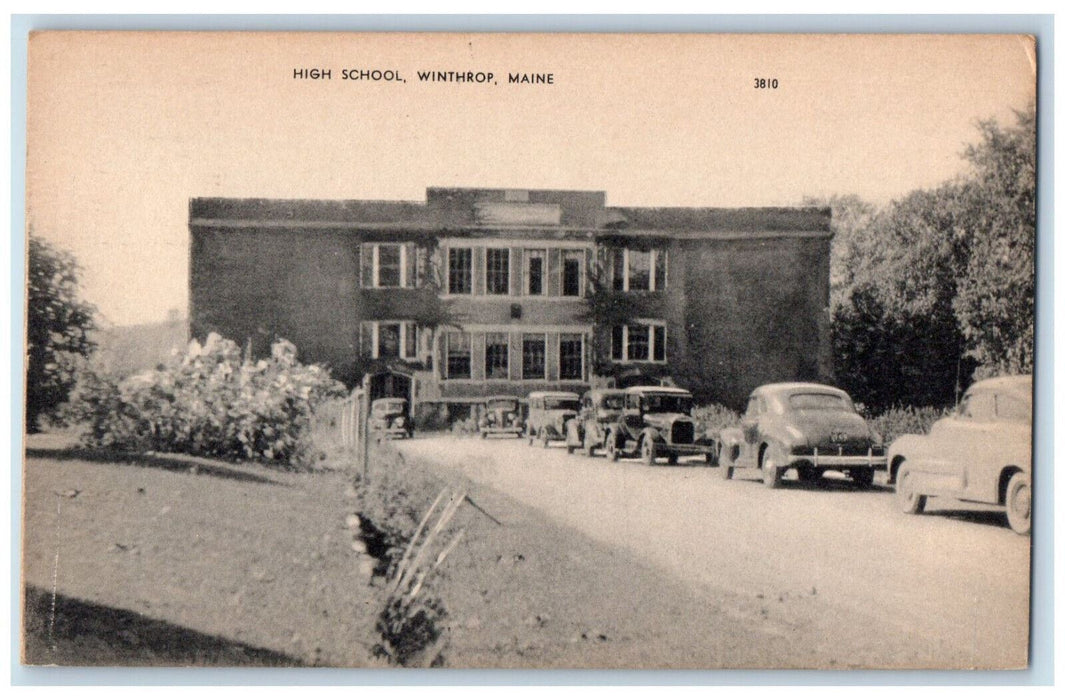 c1940's Vintage Cars Scene, High School Winthrop Maine Unposted Postcard