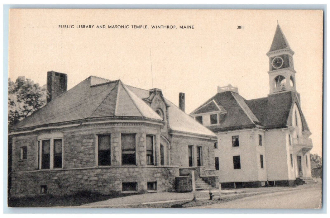 c1910 Tower Clock, Public Library and Masonic Temple Winthrop Maine ME Postcard