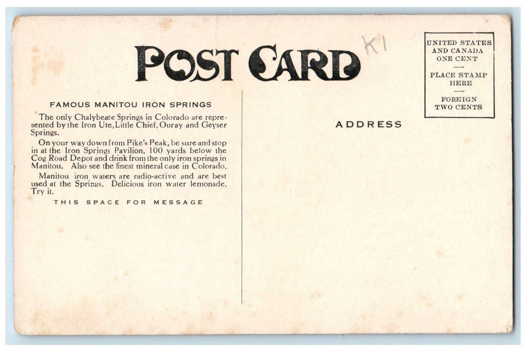 c1910's Famous Manitou Ute Iron Springs Chalybeate Springs Colorado CO Postcard