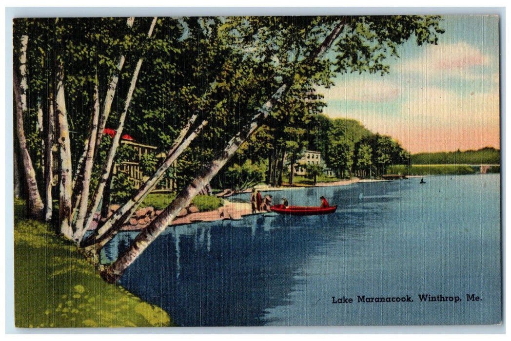 c1940's Lake Maranacook, Boat Canoeing Scene, Winthrop Maine ME Postcard