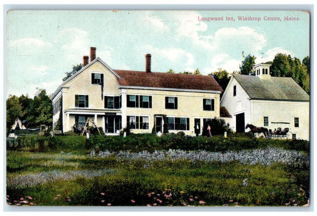c1910 Horse Carriage, Swing, Longwood Inn, Winthrope Centre Maine ME Postcard