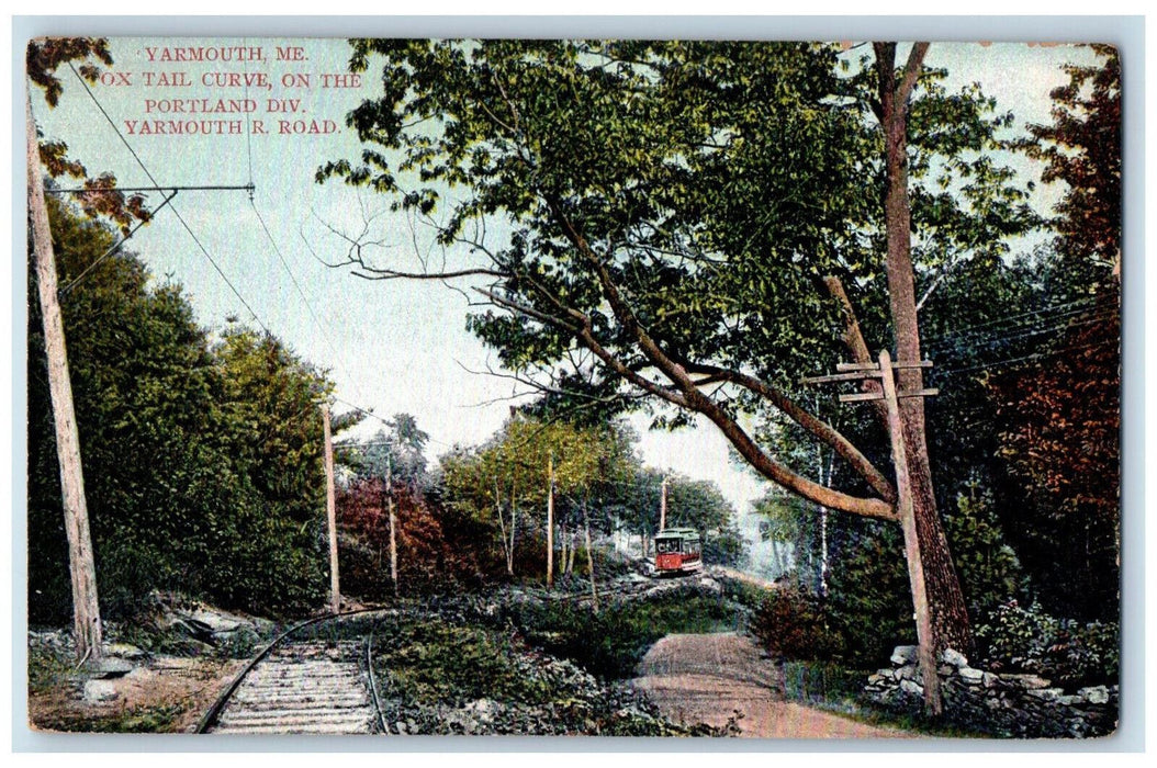 c1910 Trolley Car Ox Tail Curve, Yarmouth Railroad Yarmouth Maine ME Postcard