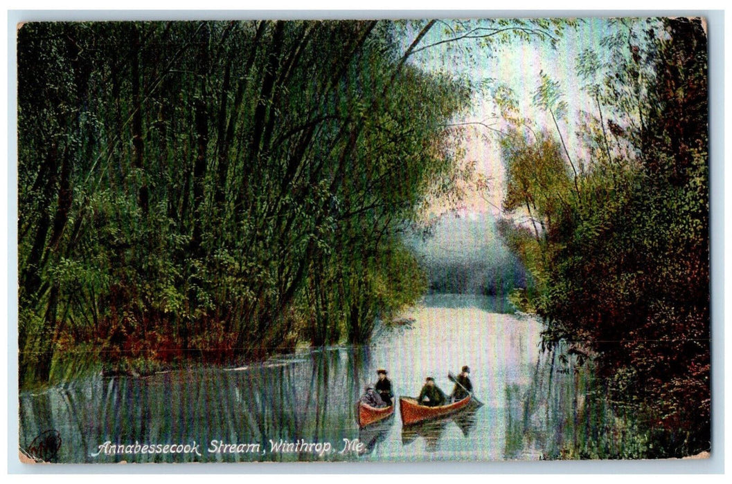 1910 Boat Canoeing, Annabessecook Stream Winthrop Maine ME Antique Postcard