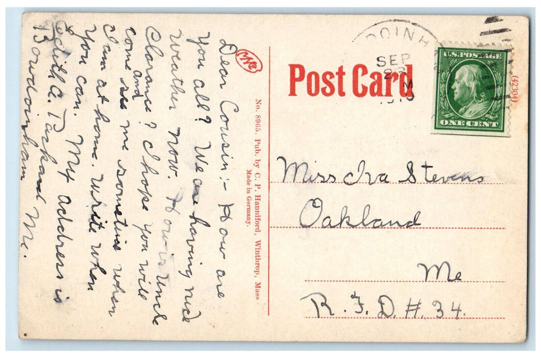 1910 Boat Canoeing, Annabessecook Stream Winthrop Maine ME Antique Postcard