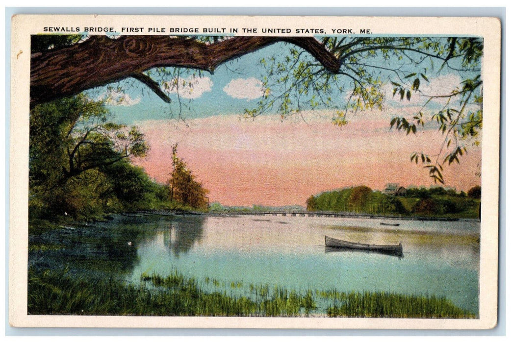 c1940's Boat Scene Sewalls Bridge, First Pile Bridge in US York ME Postcard