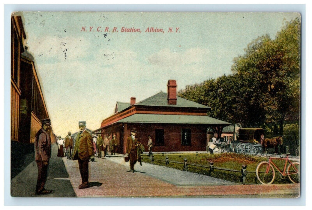 1909 N. Y. C. R. R. Train Station Depot Bicycle Albion New York NY Postcard