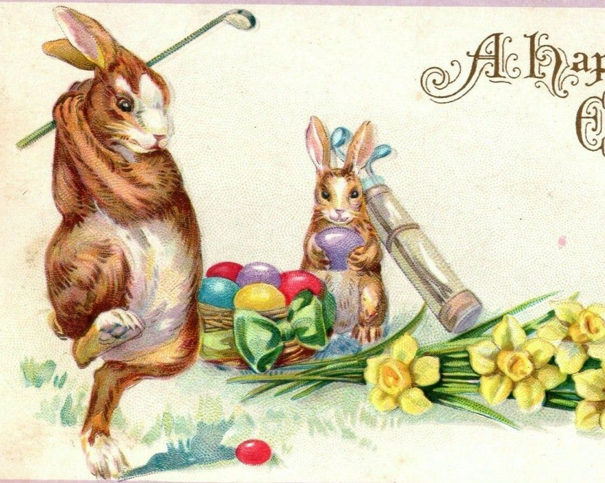 c1910 Easter Rabbits Playing Golf w/ Eggs Stecher Neptune Wisconsin Postcard