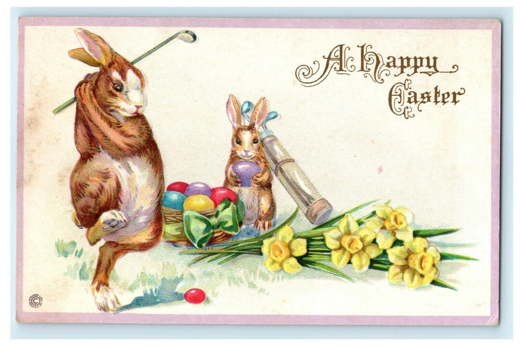 c1910 Easter Rabbits Playing Golf w/ Eggs Stecher Neptune Wisconsin Postcard