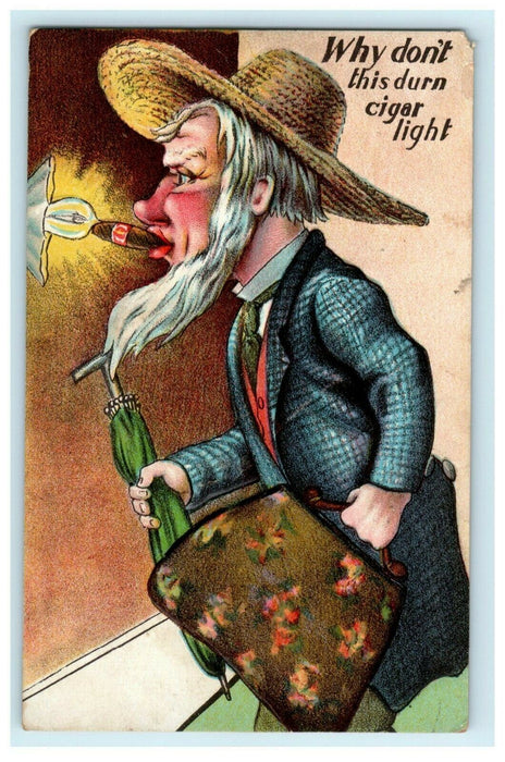 1909 Winsch Back Man Trying Light Cigar Lightbulb Comic Bloomington IL Postcard