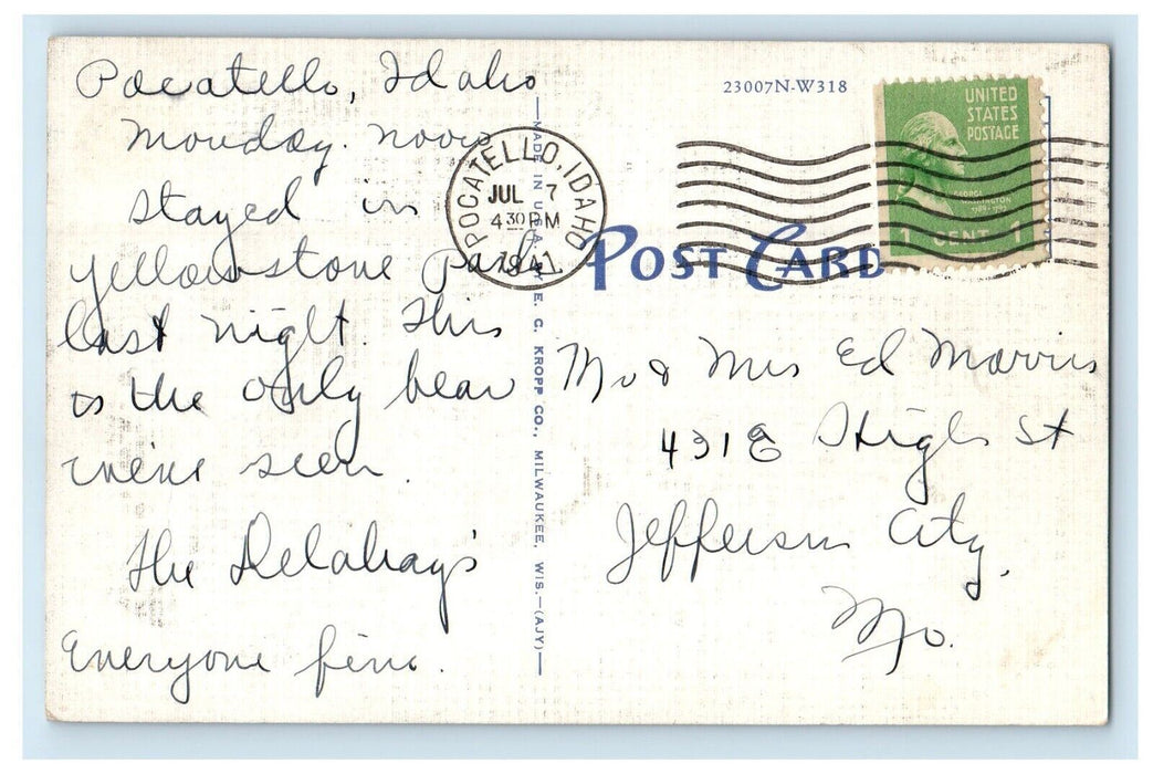 1941 Black Bear I'm Up Tree Pocatello Idaho ID Posted Vintage Postcard