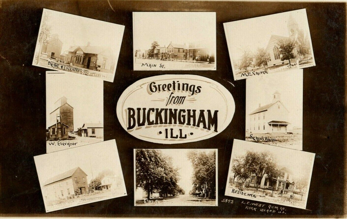 1909 Greetings From Buckingham Illinois IL Multiview RPPC Photo Antique Postcard