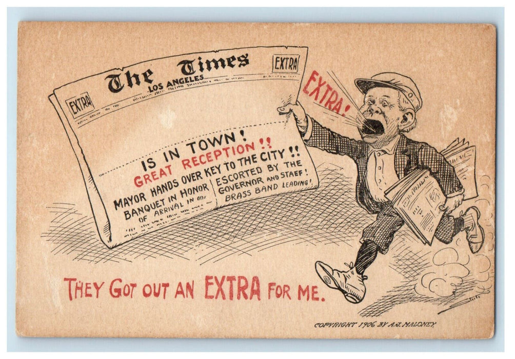 1906 Times Newspaper Los Angeles Extra Paperboy Maloney Humor Comic Postcard