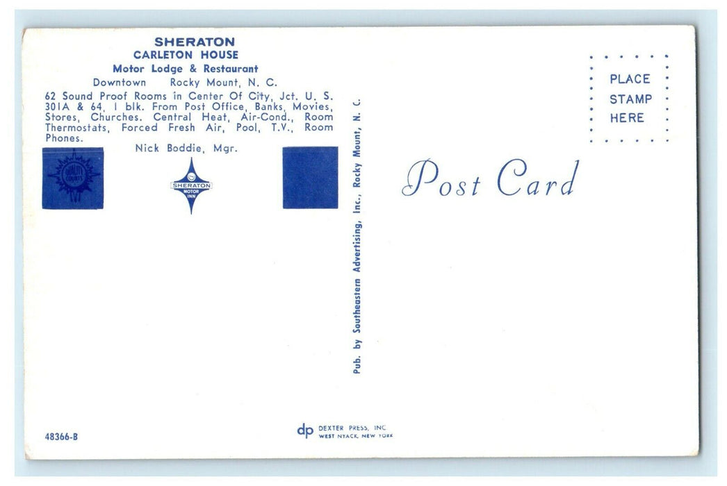 Sheraton Carleton House Motor Lodge And Restaurant Rocky Mount NC Postcard