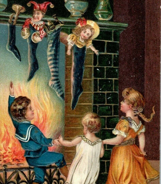 Christmas Children Dancing at Fireplace Stockings Milwaukee WI 1907 Postcard