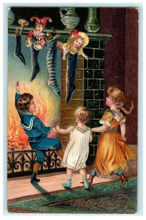 Christmas Children Dancing at Fireplace Stockings Milwaukee WI 1907 Postcard