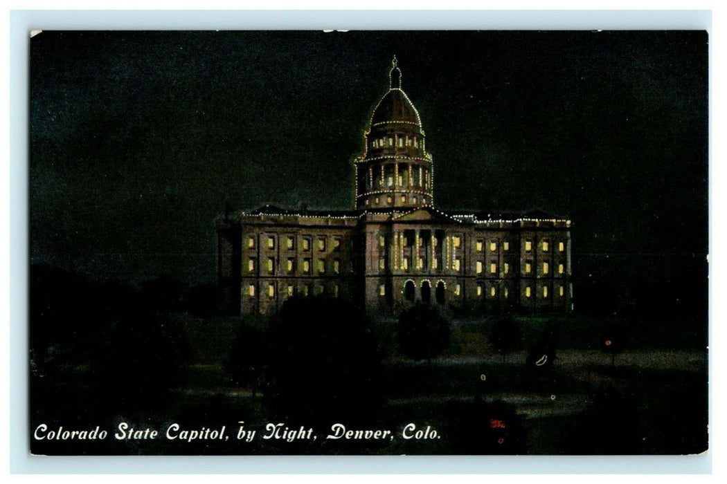 c1915 Colorado State Capitol by Night Denver CO Antique Postcard