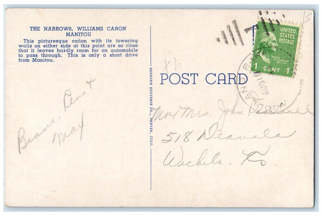 c1940's Narrows Williams Canon Manitou Picturesque Towering Colorado Postcard